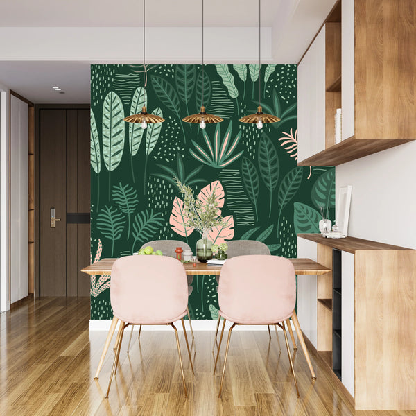 Hand Drawn Tropical Leaves Wallpaper, Seamless Pattern Mural, Oversized Custom Size Wall Art, Non-Woven, Non-Adhesive, Modern Wall Paper, Removable