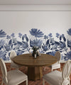 Dark Blue Floral Wallpaper, Seamless Pattern Mural, Oversized Custom Size Wall Art, Non-Woven, Non-Adhesive, Modern Wall Paper, Removable