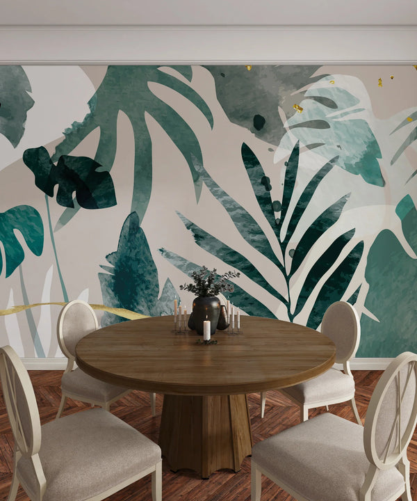 Abstract Art Gold Wallpaper, Tropical Leaves Mural, Oversized Custom Size Wall Art, Non-Woven, Non-Adhesive, Modern Wall Paper, Removable