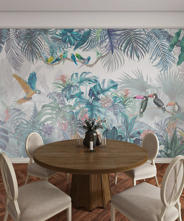 Tropic Jungle Scene Wallpaper, Parrots Mural, Oversized Custom Size Wall Art, Non-Woven, Non-Adhesive, Modern Wall Paper, Removable