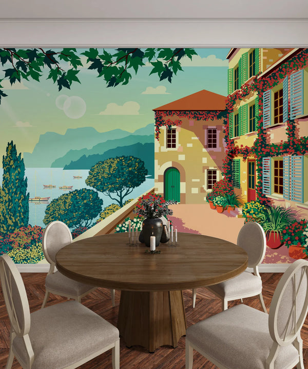 Village Square Wallpaper, Traditional House Mural, Oversized Custom Size Wall Art, Non-Woven, Non-Adhesive, Modern Wall Paper, Removable