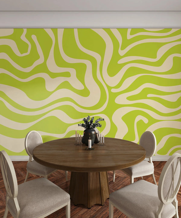 Wavy Retro Abstract Wallpaper, Green Mural, Oversized Custom Size Wall Art, Non-Woven, Non-Adhesive, Modern Wall Paper, Removable