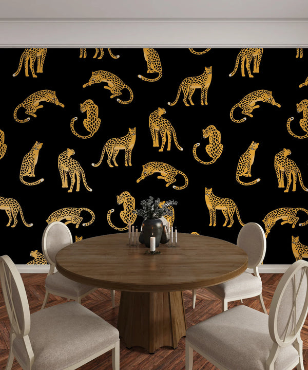 Leopards, Black Background Wallpaper, Seamless Pattern Mural, Oversized Custom Size Wall Art, Non-Woven, Non-Adhesive, Modern Wall Paper, Removable