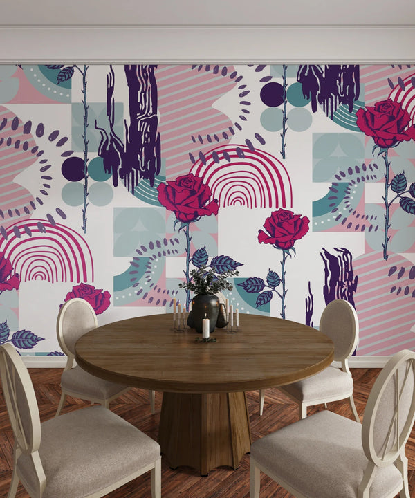 Rose and Abstract Figures Wallpaper, Seamless Pattern Mural, Oversized Custom Size Wall Art, Non-Woven, Non-Adhesive, Modern Wall Paper, Removable