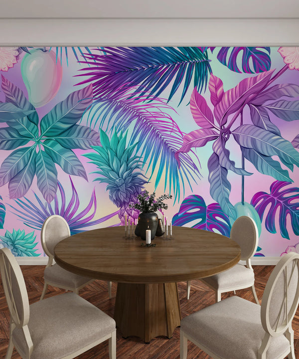 Pink and Blue Tropical Plants Wallpaper, Seamless Pattern Mural, Oversized Custom Size Wall Art, Non-Woven, Non-Adhesive, Modern Wall Paper, Removable