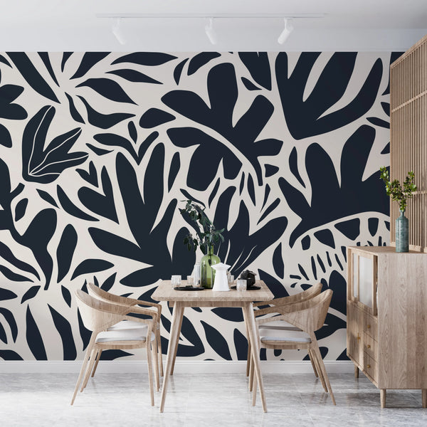 Leaf and Flower Pattern Wallpaper, Minimal Abstract Mural, Oversized Custom Size Wall Art, Non-Woven, Non-Adhesive, Modern Wall Paper, Removable