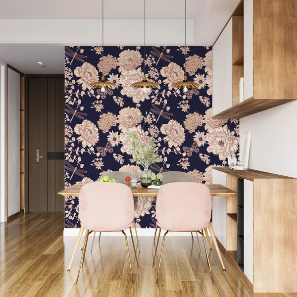 White and Gold Blooming Flowers Wallpaper, Dark Seamless Pattern Mural, Oversized Custom Size Wall Art, Non-Woven, Non-Adhesive, Modern Wall Paper, Removable