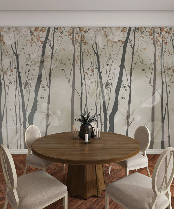 Brown Floral Wallpaper, Trees Mural, Oversized Custom Size Wall Art, Non-Woven, Non-Adhesive, Modern Wall Paper, Removable