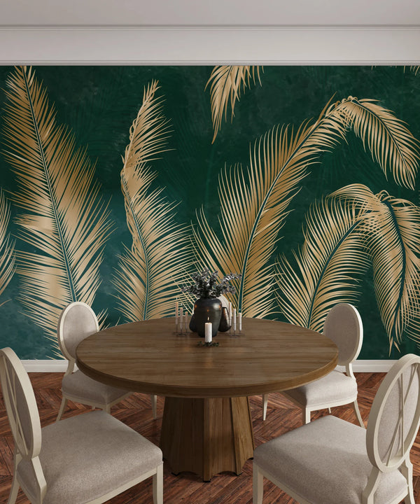 Golden Palm Leaves Wallpaper, Luxury Dark Green Art Background Mural, Oversized Custom Size Wall Art, Non-Woven, Non-Adhesive, Modern Wall Paper, Removable