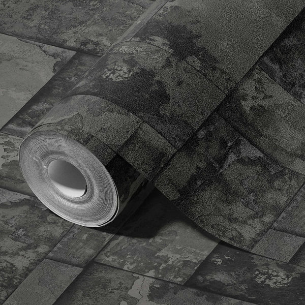 Elegant Black Stone Metallic Wallpaper, Realistic 3D Embossed Wall Decor, Industrial Aesthetic Wallcovering - Walloro High End Wallcoverings & More
