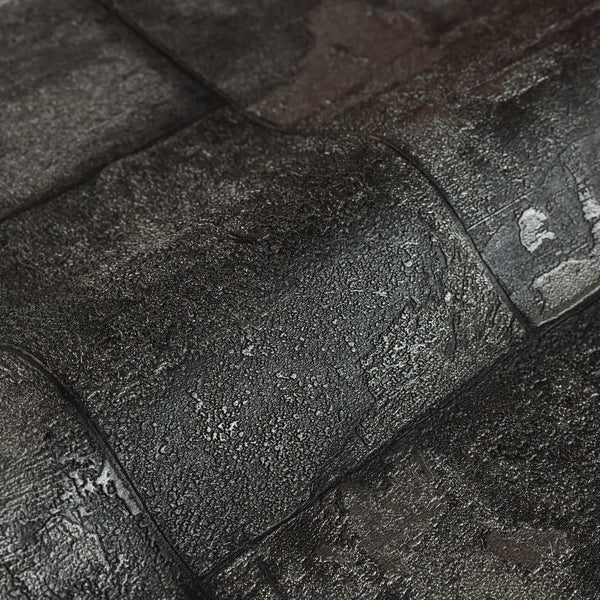 Elegant Black Stone Metallic Wallpaper, Realistic 3D Embossed Wall Decor, Industrial Aesthetic Wallcovering - Walloro High End Wallcoverings & More