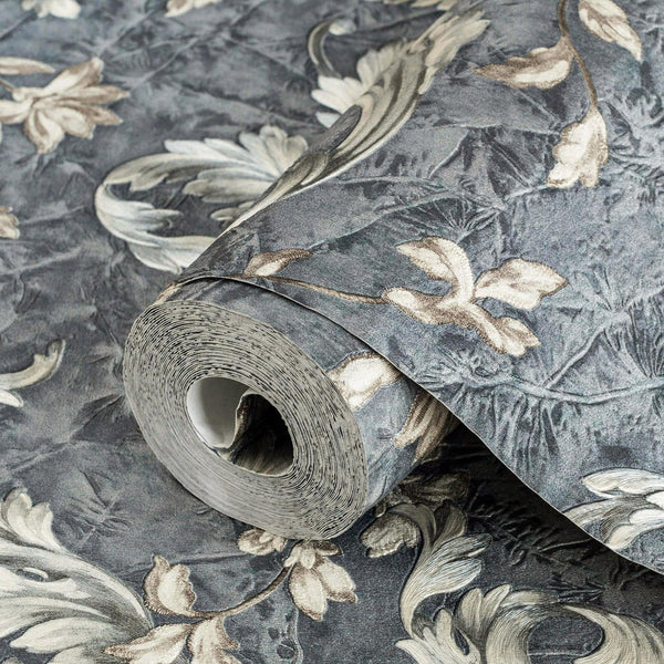 Elegant Blue White Flowered Embossed Wallpaper, Home Wall Decor, Aesthetic Wallpaper, Textured Wallcovering Non-Adhesive- 41.7”W X 393”H - Walloro High End Wallcoverings & More