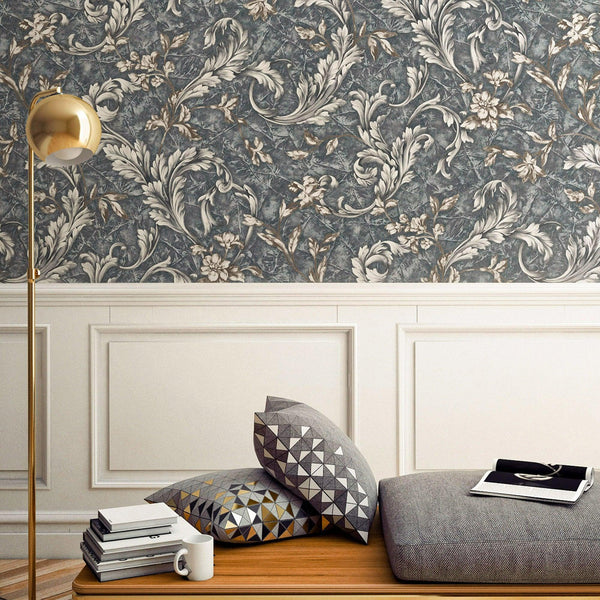 Elegant Blue White Flowered Embossed Wallpaper, Home Wall Decor, Aesthetic Wallpaper, Textured Wallcovering Non-Adhesive- 41.7”W X 393”H - Walloro High End Wallcoverings & More