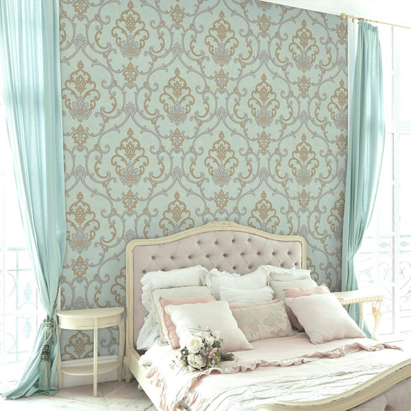 Elegant Damask Deep Embossed Wallpaper, 3D Textured Wallcovering, Traditional, Light Blue, Extra Large 114 sq ft Roll, Luxury, Washable - Walloro High End Wallcoverings & More
