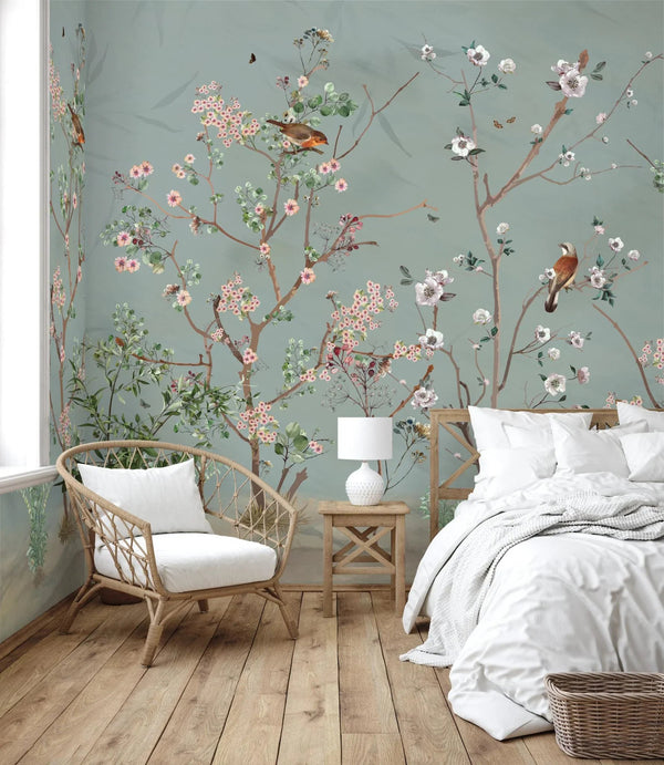 Extra Large Chinoiserie Floral Wallpaper, Birds Blossom Green Wall Mural, Custom Size, Luxury, Modern Wall Paper, Non - Pasted, Washable, Removable - Adawall Wallpaper - Registered Trade Accounts Only, Wallpaper Wholesale Account - A324-2 - Adawall Wholesale - Wallpaper Wholesaler