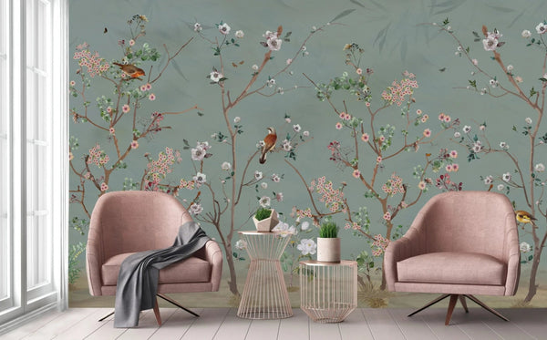 Extra Large Chinoiserie Floral Wallpaper, Birds Blossom Green Wall Mural, Custom Size, Luxury, Modern Wall Paper, Non - Pasted, Washable, Removable - Adawall Wallpaper - Registered Trade Accounts Only, Wallpaper Wholesale Account - A324-2 - Adawall Wholesale - Wallpaper Wholesaler