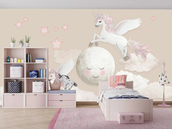 Fairy Unicorns Wallpaper, Moon, Clouds Mural, Oversized Custom Size Wall Art, Non - Woven, Non - Adhesive, Modern Wall Paper, Removable - Adawall Wallpaper - Registered Trade Accounts Only, Wallpaper Wholesale Account - W77782 - Adawall Wholesale - Wallpaper Wholesaler