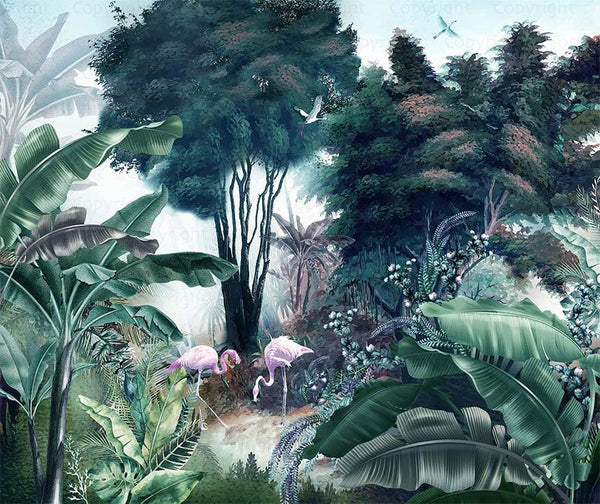 Flamingos Tropical Trees Wallpaper, Green Nature Wall Mural, Jungle Forest Scene, Non - Woven, Non - Pasted, Removable, Custom Exotic Wall Print Art - Adawall Wallpaper - Registered Trade Accounts Only, Wallpaper Wholesale Account - A307-2 - Adawall Wholesale - Wallpaper Wholesaler
