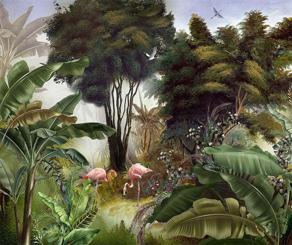 Flamingos Tropical Trees Wallpaper, Light Green Nature Wall Mural, Jungle Forest Scene, Non - Woven, Non - Pasted, Removable, Custom Exotic Wall Print Art - Adawall Wallpaper - Registered Trade Accounts Only, Wallpaper Wholesale Account - A307-1 - Adawall Wholesale - Wallpaper Wholesaler