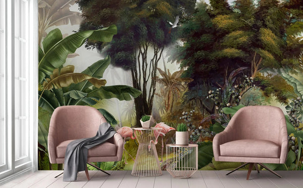 Flamingos Tropical Trees Wallpaper, Light Green Nature Wall Mural, Jungle Forest Scene, Non - Woven, Non - Pasted, Removable, Custom Exotic Wall Print Art - Adawall Wallpaper - Registered Trade Accounts Only, Wallpaper Wholesale Account - A307-1 - Adawall Wholesale - Wallpaper Wholesaler