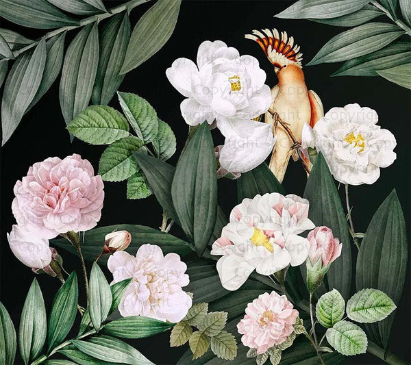 Floral Wall Mural, Green Peony Flower Parrot Wall Mural Art, Big Size Customizable Bird Theme, Non - Adhesive, Removable Wallpaper, Black, Washable, Home Interior Decor Wall Art - Adawall Wallpaper - Registered Trade Accounts Only, Wallpaper Wholesale Account - A316-2 - Adawall Wholesale - Wallpaper Wholesaler