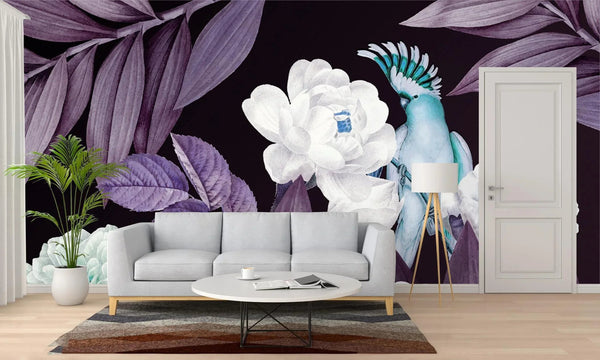 Floral Wall Mural, Purple Peony Flower Parrot Wall Mural Art, Big Size Customizable Bird Theme, Non - Adhesive, Removable Wallpaper, Black, Washable, Home Interior Decor Wall Art - Adawall Wallpaper - Registered Trade Accounts Only, Wallpaper Wholesale Account - A316-1 - Adawall Wholesale - Wallpaper Wholesaler