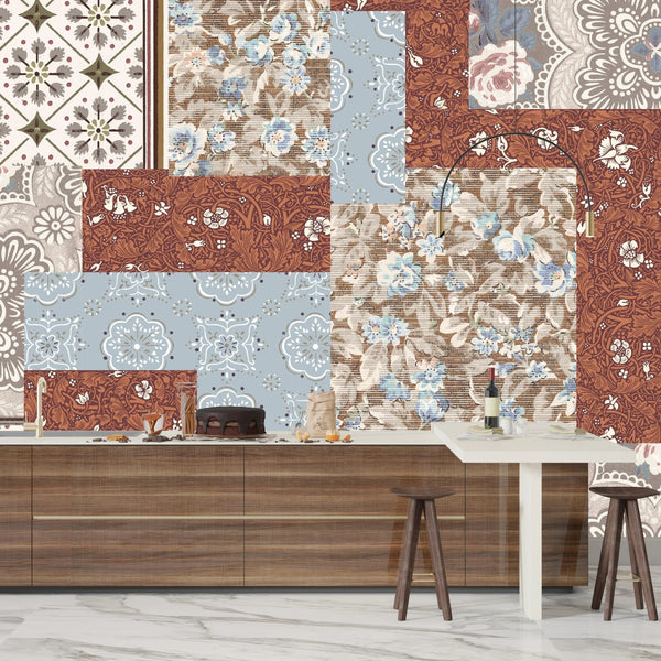 Floral Wallpaper, Brown and Blue Patchwork Mural, Oversized Custom Size Wall Art, Non - Woven, Non - Adhesive, Modern Wall Paper, Removable - Adawall Wallpaper - Registered Trade Accounts Only, Wallpaper Wholesale Account - W77867 - Adawall Wholesale - Wallpaper Wholesaler