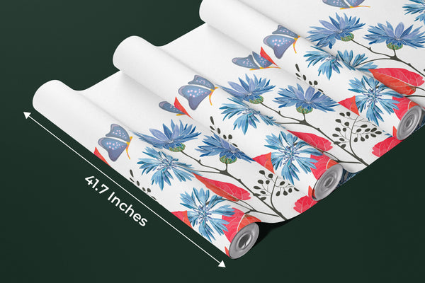 Blue Flowers, Red Leaves Wallpaper, Seamless Pattern Mural, Oversized Custom Size Wall Art, Non-Woven, Non-Adhesive, Modern Wall Paper, Removable