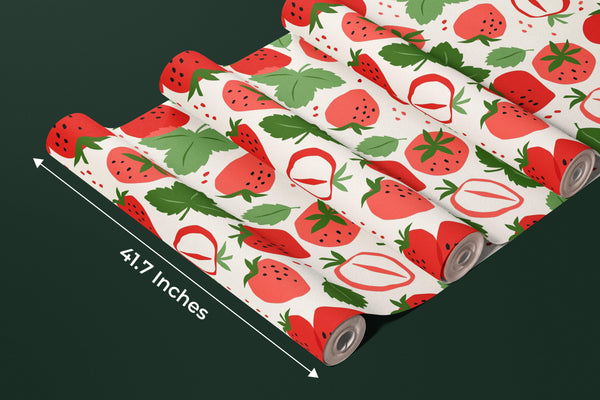 Strawberries, White Background Wallpaper, Seamless Pattern Mural, Oversized Custom Size Wall Art, Non-Woven, Non-Adhesive, Modern Wall Paper, Removable