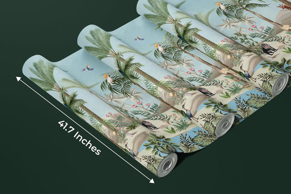 Tropic Animals Wallpaper, Palms and Plants Mural, Oversized Custom Size Wall Art, Non-Woven, Non-Adhesive, Modern Wall Paper, Removable