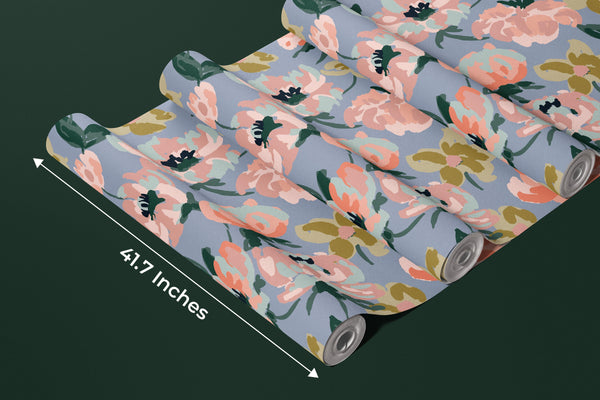 Abstract Floral, Blue Background Wallpaper, Seamless Pattern Mural, Oversized Custom Size Wall Art, Non-Woven, Non-Adhesive, Modern Wall Paper, Removable