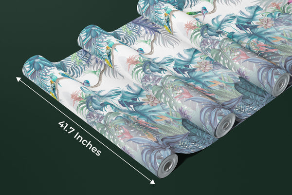 Tropic Jungle Scene Wallpaper, Parrots Mural, Oversized Custom Size Wall Art, Non-Woven, Non-Adhesive, Modern Wall Paper, Removable