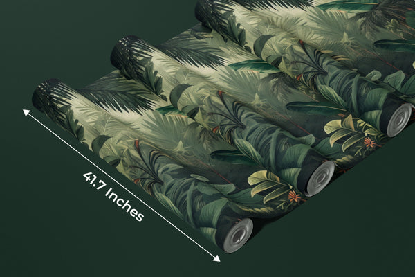 Green Jungle Wallpaper, Tropical Leaves Wall Mural, Oversized Custom Size Wall Art, Non-Woven, Non-Adhesive, Modern Wall Paper, Removable