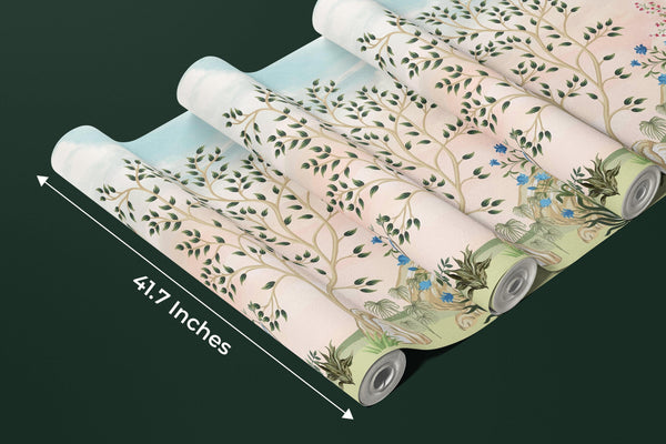 Chinoiserie Wallpaper, Floral Trees Mural, Oversized Custom Size Wall Art, Non-Woven, Non-Adhesive, Modern Wall Paper, Removable