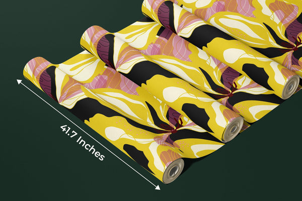 Abstract Yellow Flowers Wallpaper, Seamless Pattern Mural, Oversized Custom Size Wall Art, Non-Woven, Non-Adhesive, Modern Wall Paper, Removable