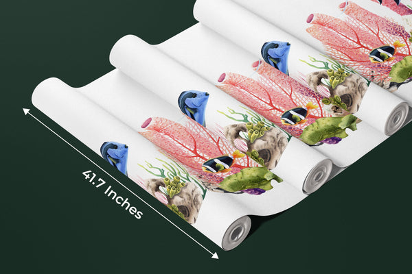 Fishes and Corals Wallpaper, White Background Mural, Oversized Custom Size Wall Art, Non-Woven, Non-Adhesive, Modern Wall Paper, Removable