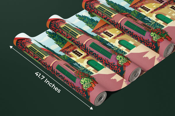 Village Square Wallpaper, Traditional Houses, Potted Flowers Mural, Oversized Custom Size Wall Art, Non-Woven, Non-Adhesive, Modern Wall Paper, Removable