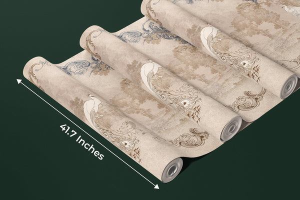 Baroque With Birds Wallpaper, Classic Style Mural, Oversized Custom Size Wall Art, Non-Woven, Non-Adhesive, Modern Wall Paper, Removable