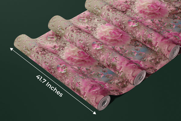 Pink Flowers Wallpaper, Through Glass, Water Drops Mural, Oversized Custom Size Wall Art, Non-Woven, Non-Adhesive, Modern Wall Paper, Removable