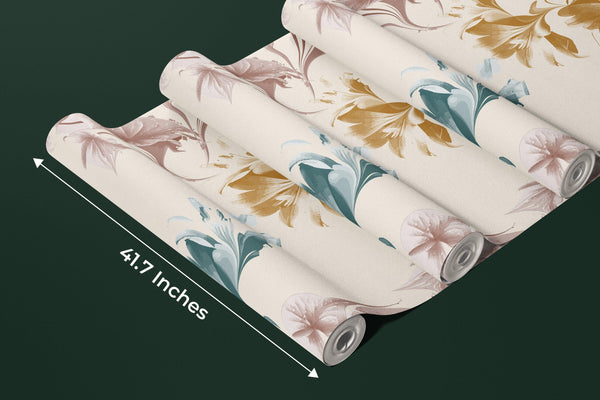 Watercolor Flower and Leaf Wallpaper, Seamless Pattern Mural, Oversized Custom Size Wall Art, Non-Woven, Non-Adhesive, Modern Wall Paper, Removable