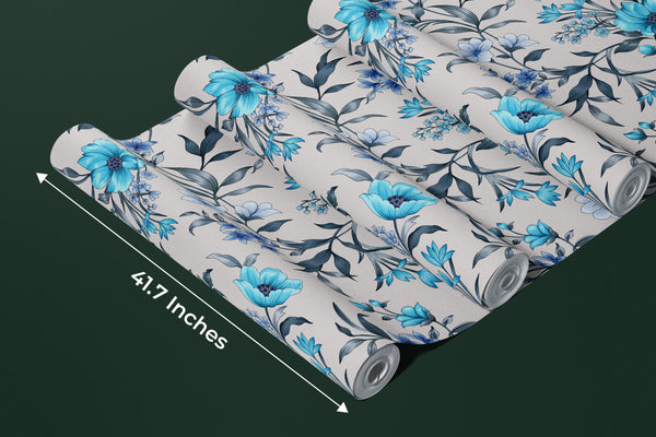 Blue Floral Wallpaper, Seamless Pattern Mural, Oversized Custom Size Wall Art, Non-Woven, Non-Adhesive, Modern Wall Paper, Removable