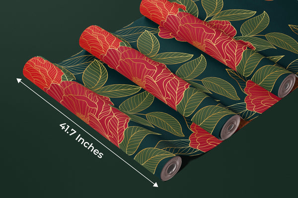 Red Peonies Wallpaper, Luxurious Gold Mural, Oversized Custom Size Wall Art, Non-Woven, Non-Adhesive, Modern Wall Paper, Removable