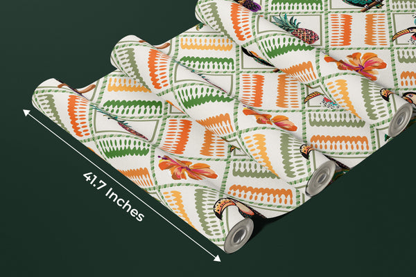 Tropical, Parrot, Pineapple Wallpaper, Seamless Pattern Mural, Oversized Custom Size Wall Art, Non-Woven, Non-Adhesive, Modern Wall Paper, Removable