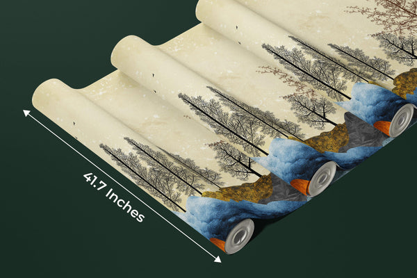 Golden Trees Wallpaper, Abstract Landscape Mural, Oversized Custom Size Wall Art, Non-Woven, Non-Adhesive, Modern Wall Paper, Removable