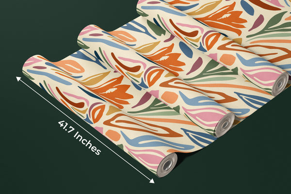 Abstract Shapes and Flowers Wallpaper, Colorful Mural, Oversized Custom Size Wall Art, Non-Woven, Non-Adhesive, Modern Wall Paper, Removable