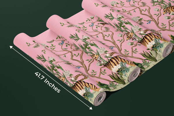 Tigers and Trees Wallpaper, Pink Background Mural, Oversized Custom Size Wall Art, Non-Woven, Non-Adhesive, Modern Wall Paper, Removable