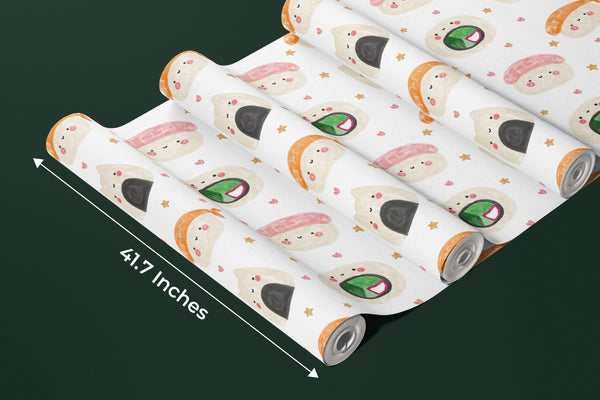 Sushi Kawaii Watercolor Food Wallpaper, Seamless Pattern Mural, Oversized Custom Size Wall Art, Non-Woven, Non-Adhesive, Modern Wall Paper, Removable