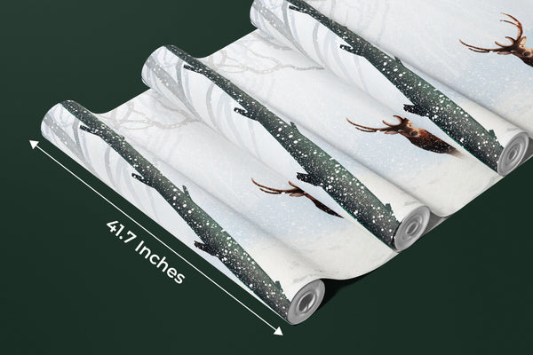 Winter Forest Wallpaper, Deer Mural, Oversized Custom Size Wall Art, Non-Woven, Non-Adhesive, Modern Wall Paper, Removable