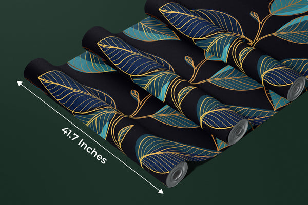 Gold Leaves Wallpaper, Black Background Mural, Oversized Custom Size Wall Art, Non-Woven, Non-Adhesive, Modern Wall Paper, Removable