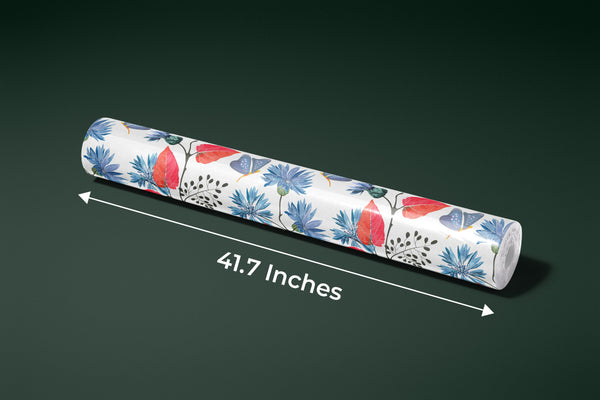 Blue Flowers, Red Leaves Wallpaper, Seamless Pattern Mural, Oversized Custom Size Wall Art, Non-Woven, Non-Adhesive, Modern Wall Paper, Removable